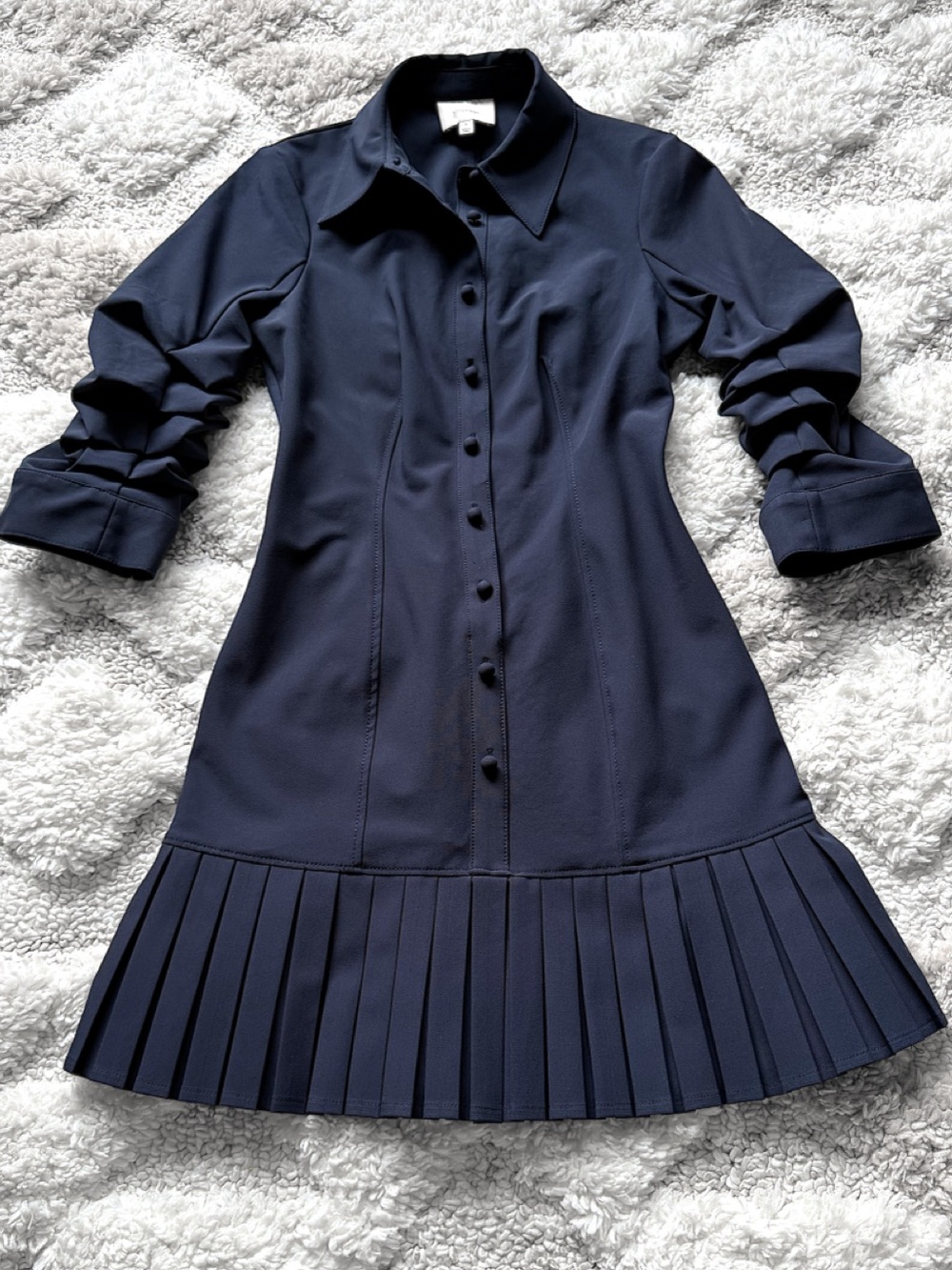 $425 Cinq à Sept Lucilla Drop Waist Pleated Hem Navy Shirt Dress 0 - Picture 5 of 10